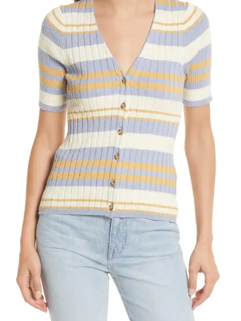 Madewell Short-Sleeve Ribbed Button-Down Top in Blue, Cream & Yellow
